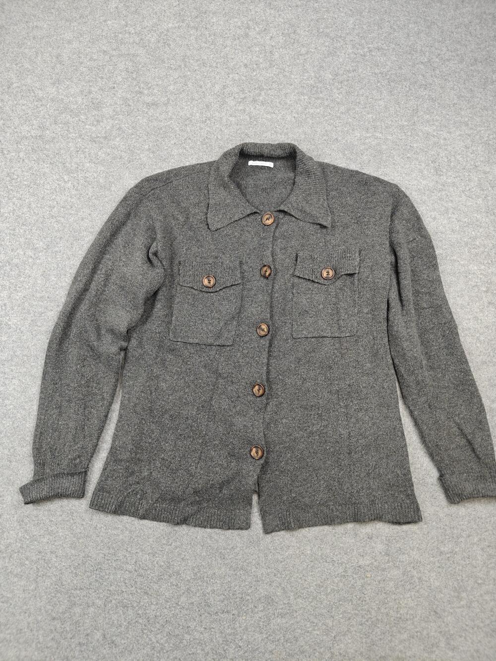 STACCATO Cardigan Womens Large Gray Chunky-Knit Collared Button Pocket